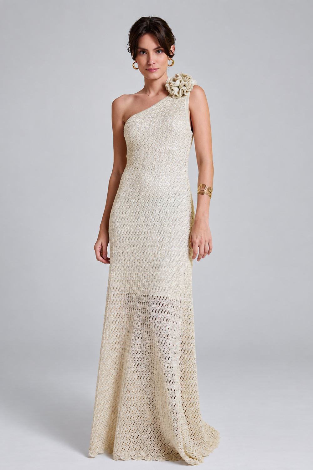 Vestido Tricot Midi Sheila Off White e Dourado